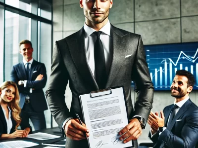 A confident, sharp entrepreneur in a business suit, standing in a modern office setting, holding a signed investment agreement with a victorious smile