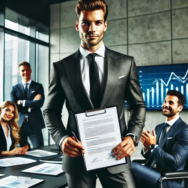 A confident, sharp entrepreneur in a business suit, standing in a modern office setting, holding a signed investment agreement with a victorious smile