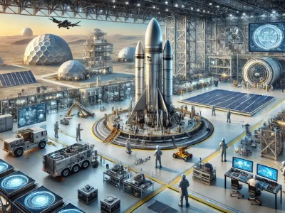 A futuristic spaceport with a large, advanced rocket ship being assembled in a high-tech facility. Starting a Startup to Serve Starbase A Guide for Founders. - www.TexasStartupInsider.com