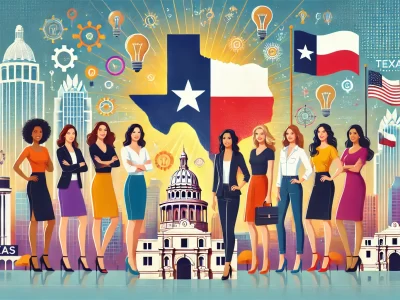 An inspiring illustration representing the entrepreneurial spirit of female founders in Texas. The image features diverse women entrepreneurs standing - Texas Startup Insider