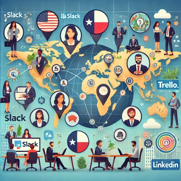 Global collaboration and the hybrid workforce model, emphasizing the connections between diverse professionals worldwide - Texas Startup Insider