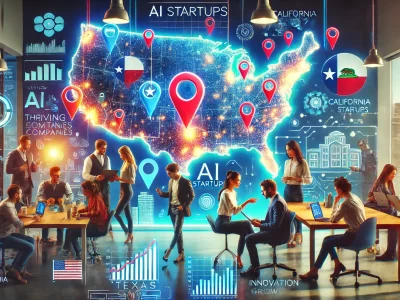 Success of AI startups in the United States, focusing on a map of Texas and California - www.TexasStartupInsider.com